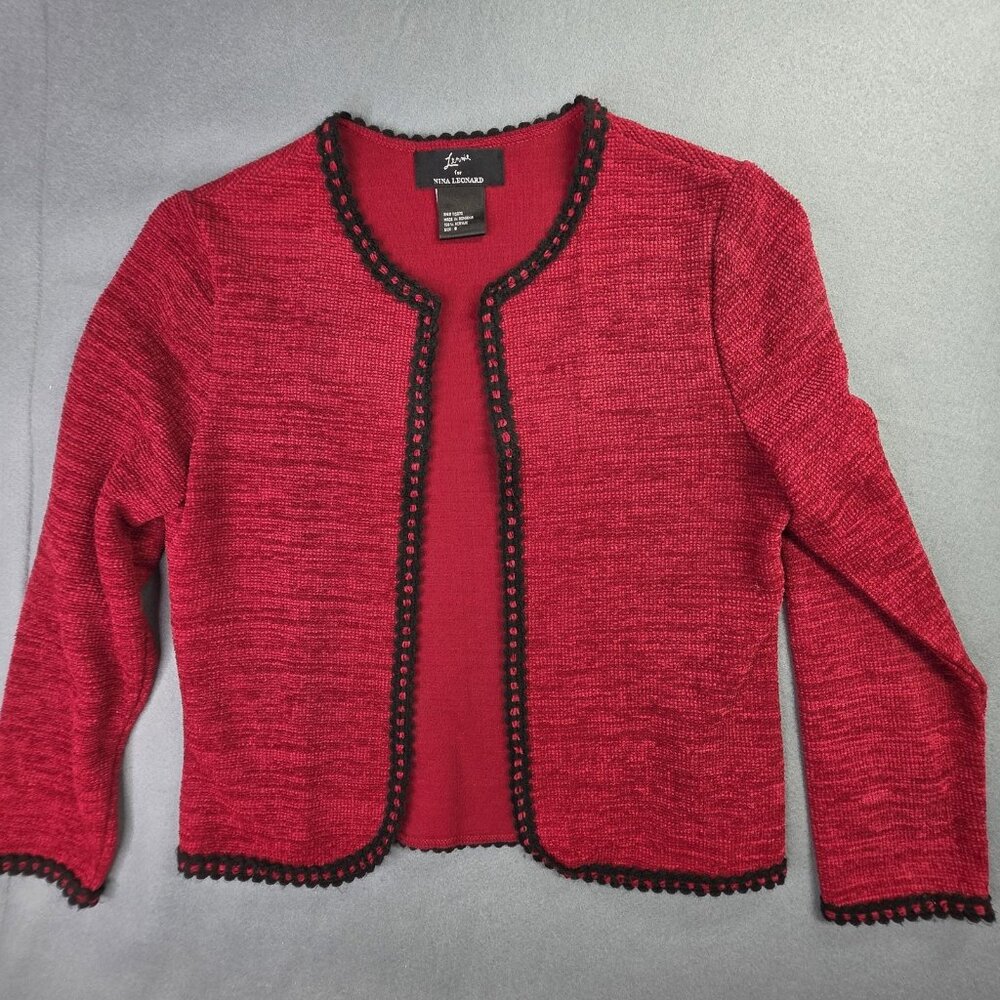 Lennie Nina Leonard Sweater Womens Small Red Black Crochet Knit Cardigan Office
